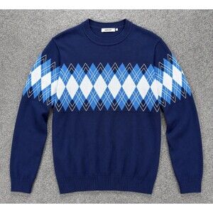 COOFANDY Mens Large Blue Argyle Knit Sweater Pullover Crew Neck Casual Golf